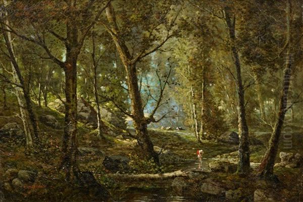 Sommerliche Waldlandschaft Mit Hirtin Am Bach - view 1