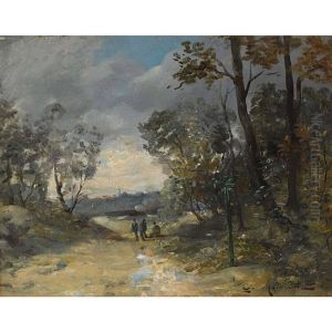 Waldweg Mit Wandersleuten Waldweg Mit Wandersleuten