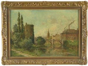 Teilansicht Einer Wohl Belgischen Stadt, Mit Brucke, Turm Li. Und Kirche Im Hintergrund by Gustave Mascart