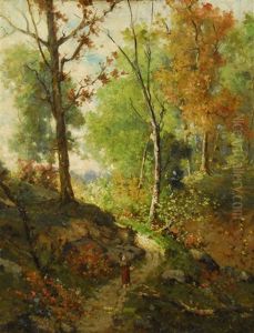 Woman Returning Home On A Wooded Path by Gustave Mascart