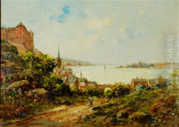Figures On A Path By A Town And Harbor In The Distance - view 1