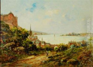 Figures On A Path By A Town And Harbor In The Distance Figures On A Path By A Town And Harbor In The Distance