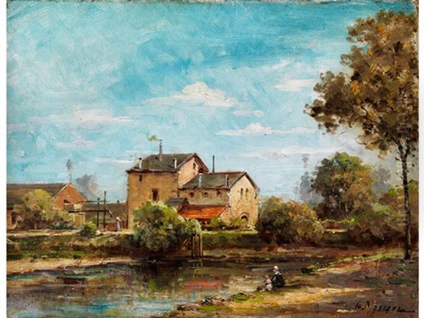 Gebaude Am Flussufer Mit Einer Mutter Und Kind Im Ufergras Sitzend - view 1