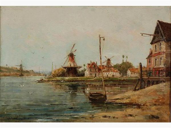 Moulins Aux Abords D'un Canal En Hollande - view 1