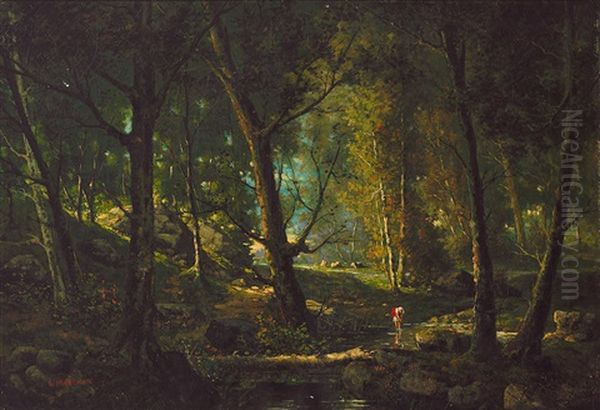 Prachtvolle Sommerliche Waldlandschaft Mit Hirtin An Einem Bach - view 1