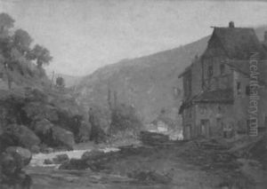 Gebirgslandschaft Mit Einem Fachwerkhaus Am Flus Gebirgslandschaft Mit Einem Fachwerkhaus Am Flus