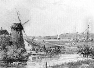 Paysage De Hollande Anime Avec Moulin, Fermiere Et Bateaux Echoues by Gustave Mascart