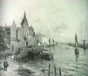 Boats On The Canal Of A Dutch Fishing Village by Gustave Mascart