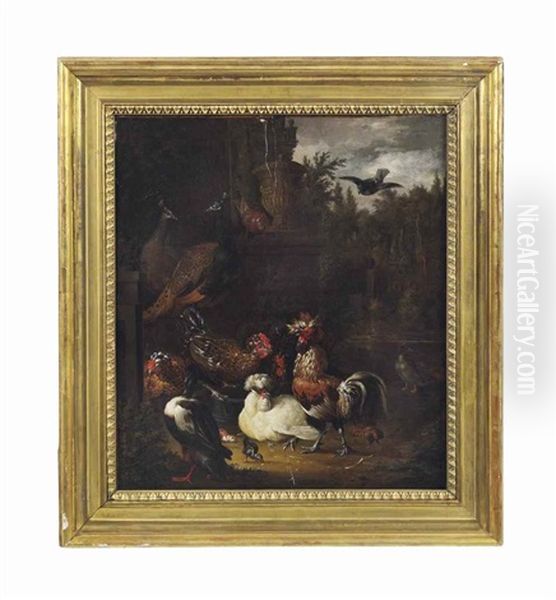 A Rooster With Hens, Chicks, Ducks, Peacocks And Pigeons By A Classical Urn, In A Park Landscape - view 1