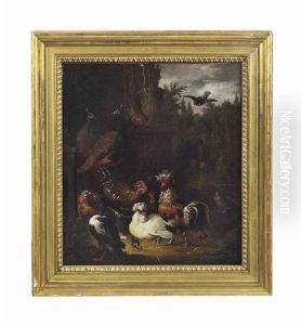 A Rooster With Hens, Chicks, Ducks, Peacocks And Pigeons By A Classical Urn, In A Park Landscape by Pieter Van Mase