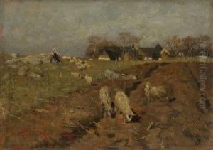 Hirtin Mit Schafherde Vor Dem Dorf by Nikola Masic
