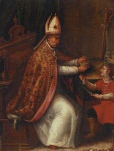 A Bishop And A Young Boy Weaving A Basket In An Interior A Bishop And A Young Boy Weaving A Basket In An Interior