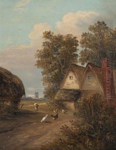 Figure And Chickens Before Cottages (+ Figures In A Landscape; Pair) by Christopher Mark Maskell