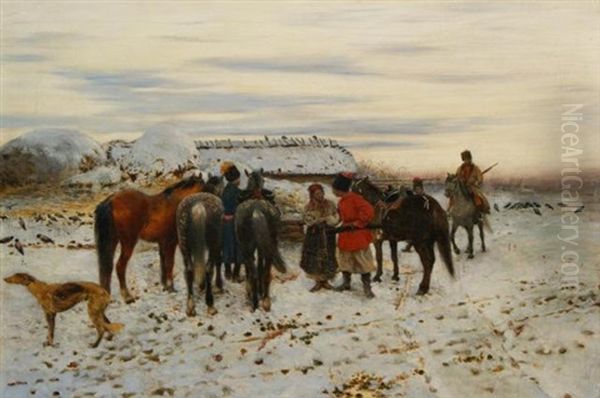 Russians In A Winter Landscape by Stanislaw Maslowski