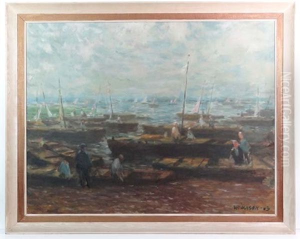 Sailing Boats At Sea And People Working On Boats Along The Shore - view 1