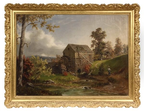 Boy With Fishing Pole Passing A Grist Mill - view 1