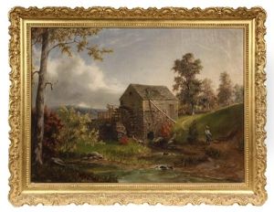 Boy With Fishing Pole Passing A Grist Mill