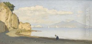 Strandpartie Am Golf Von Neapel Mit Dem Vesuv by Edmund Berninger