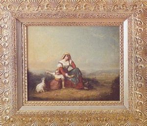 Classical Landscape With A Woman And Child Feeding A Goat With Ruins In The Background by William Sanford Mason