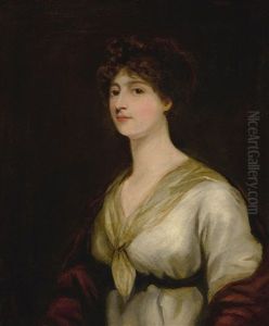 Portrait Of Miss Bristow, Half Length, With A White Dress And Red Cloak Falling From Shoulders