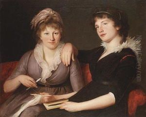 Portrait Of Two Women Seated, One In A Brown Dress Crocheting, The Other In A Black Dress, Holding A Book