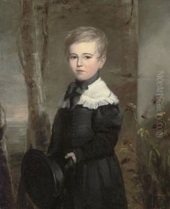 Portrait Of A Young Boy In School Uniform, Holding A Black Hat In His Left Hand, In A Landscape by John James Masquerier