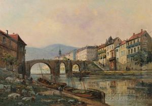 Town Riverfront With An Arched Bridge