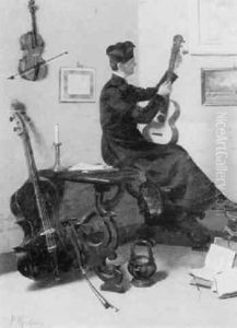 An Interior With Seated Cleric Tuning His Guitar Surrounded By A Viola And Violoncello by Pompeo Massani