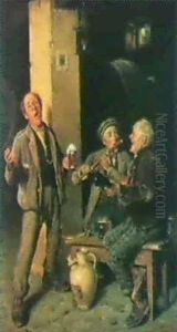 Ein Lustiges Trio. Scene Fra En Olkaedler Med Flojtespiller , Guitarist Og Sanger