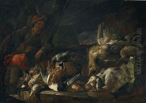 A Hunter With Game And A Hound; And A Putto With A Setter Chasing Ducks, Fruits On A Rock And A Vase Of Flowers In A Rocky Landscape
