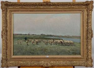 Berger Et Son Troupeau Au Bord De L'eau by Leon Massaux