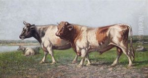 Vaches Au Pre Pres De L'eau by Leon Massaux