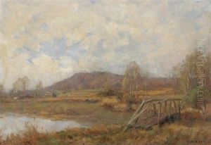 River Landscape With A Wooden Bridge by Jean Eugene Julien Masse