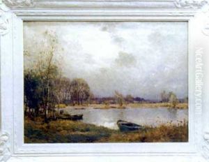Pecheur Et Barques Au Bord De L'etang by Jean Eugene Julien Masse