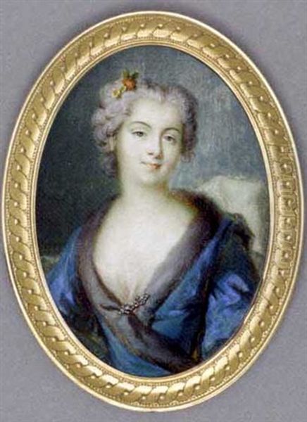 A Young Lady, In Fur-bordered Blue Silk Day Dress With White Underdress And White Stole, Jewelled Brooch At Corsage, Flowers In Her Upswept And Curled Powdered Hair - view 1