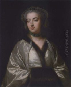 A Portrait Of An Elegant Lady In A Grey Silk Coat With Fur Trim