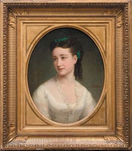 Portrait De Jeune Femme En Robe Blanche, Un Ruban Vert Dans Sa Chevelure Brune by Jules Masse