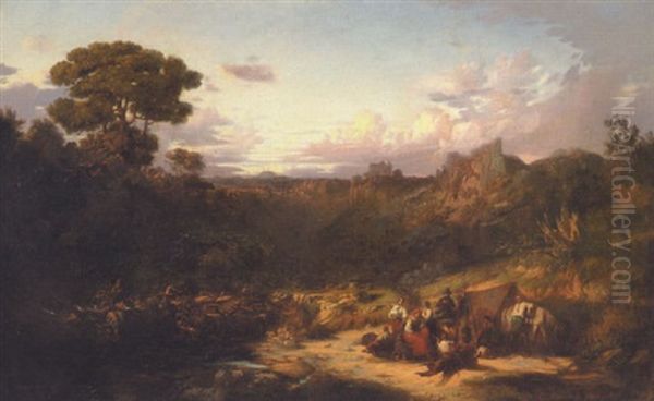 Sydlandsk Bjerglandskab Med Familie, Der Holder Hvil Ved Et Vandlob - view 1