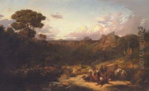 Sydlandsk Bjerglandskab Med Familie, Der Holder Hvil Ved Et Vandlob by Charles Antoine Augustin Massenot