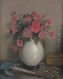 Vase Fleuri De Roses Avec Eventail En Avant-plan by Edouard Masson