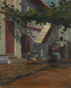 Mere Et Enfant Devant Une Maison by Georges Masson
