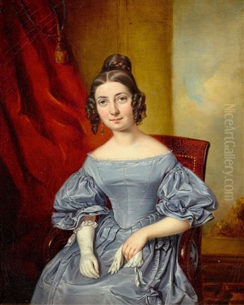 Portrait Of A Young Lady In A Blue Dress Before A Red Curtain - view 1