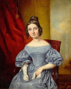 Portrait Of A Young Lady In A Blue Dress Before A Red Curtain