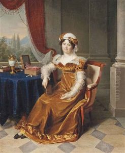 Portrait Of A Lady, Traditionally Identified As Julie Masbou, Nee Garrigues, Full-length, In A Golden Dress With A Turban, In An Elegant Interior, A Landscape Beyond