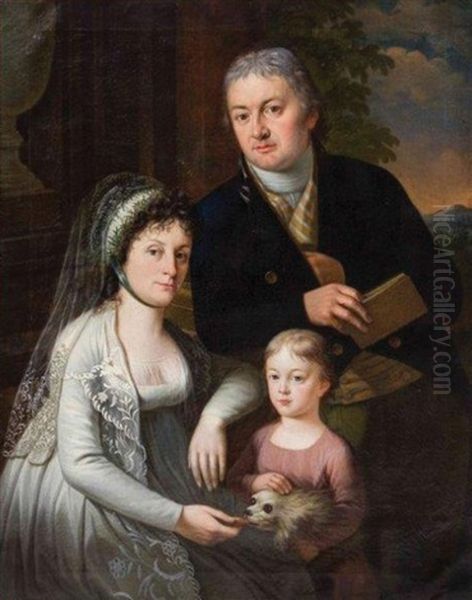 Family Portrait Group, Father, Mother,and Child With A Dog In A Landscape Setting - view 1