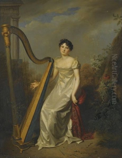 Portrait Of A Lady, Wearing A White Dress And Seated Beside A Harp, A Landscape Beyond (marquise De Chamillard?) - view 1
