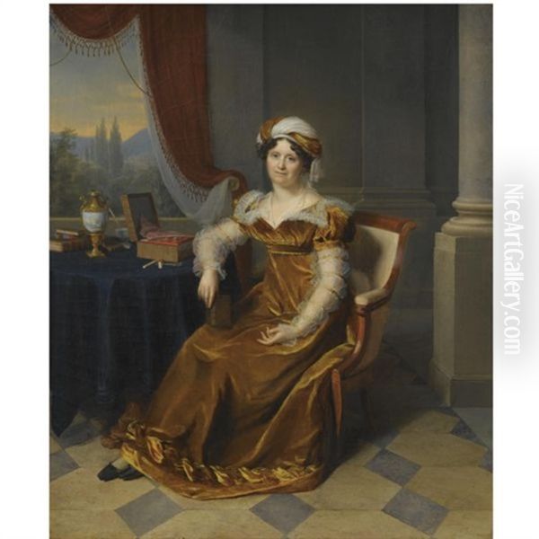 Portrait Of A Lady, Said To Be Madame Masbou, Seated In An Interior, Wearing A Brown Velvet Dress And A Headdress, A Landscape Seen Through A Window Beyond - view 1