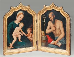 La Vierge, L'enfant Jesus Et Saint Jean-baptiste Enfant, Saint Jerome En Oraison Et Saint Jacques Le Majeur Appuye Sur Son Baton De Pelerin Et Tenant Un Chapelet Et Sainte Barbe, La Tour Dans Le Dos Et Les Saintes Ecritures En Main (recto-verso Pair) by Quentin Massys the Elder