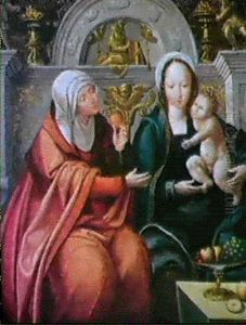 Maria Mit Dem Kind Und Die Hl. Anna, Dem Kind Eine Birne    Reichend (anna Selbdritt), Auf Einer Thronbank by Quentin Massys the Elder