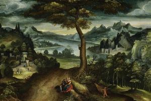 Weite Flusslandschaft Mit Liebespaar Und Amor